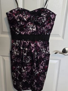 Max & Cleo Black and Purple Abstract Strapless Dress